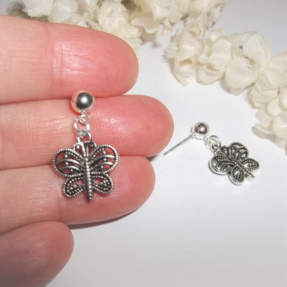 Silver Butterfly Earrings Post Stud Jewelry Minimalist Style Gift Idea Girl A184 - Picture 6 of 8
